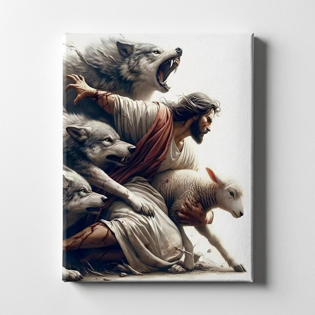 Jesus Protecting Lamb from Wolves - Canvas