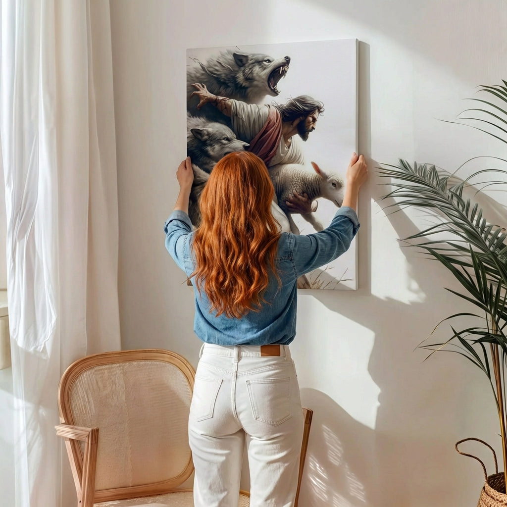 Jesus Protecting Lamb from Wolves - Canvas
