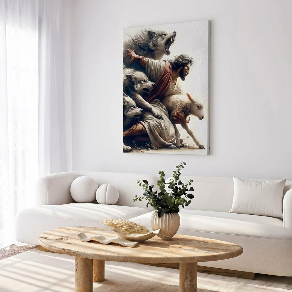 Jesus Protecting Lamb from Wolves - Canvas
